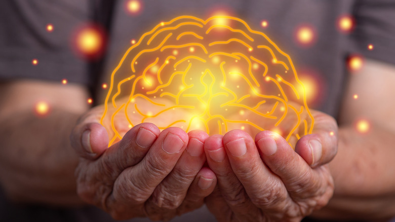 Older hands holding image of brain