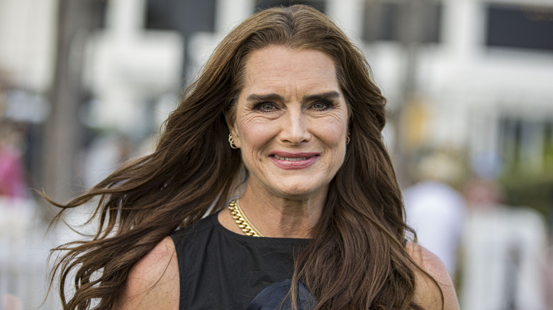 Brooke Shields, her hair blowing back in the wind, smiles in a black dress.
