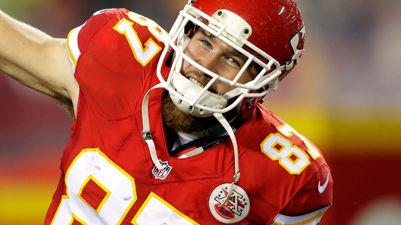 Close-up shot of Travis Kelce's shoulders during a 2016 game