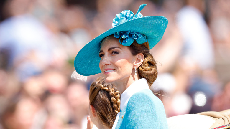 Catherine, Princess of Wales returning to Buckingham Palace in an Ascot Landau horse-drawn carriage during Trooping The Colour 2025
