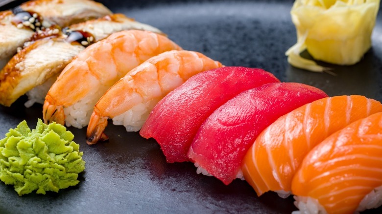 Assorted nigiri sushi on plate
