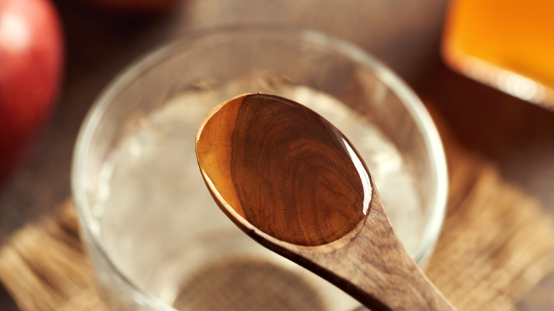 Apple cider vinegar on a spoon above a glass of water