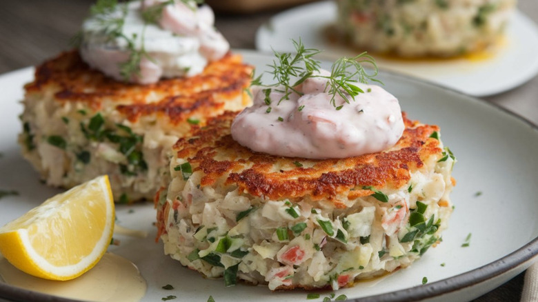A lightly pan-fried crabcake on a plate