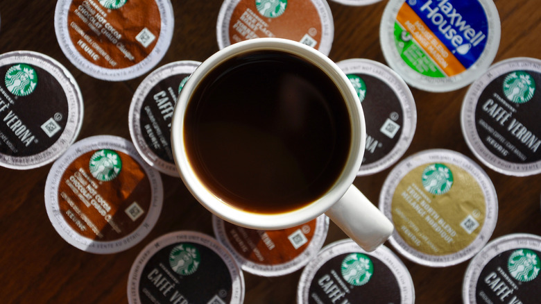 Cup of coffee above k-cup pods