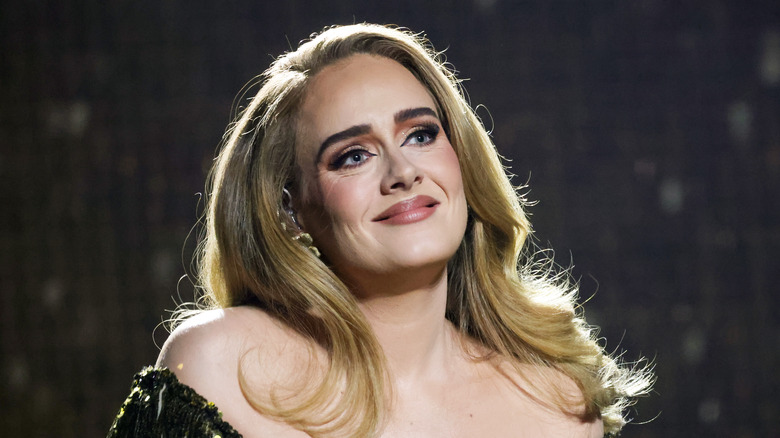 close up of singer Adele smiling on stage