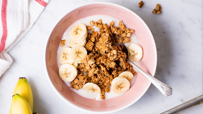 Bowl of yogurt and almond butter granola.