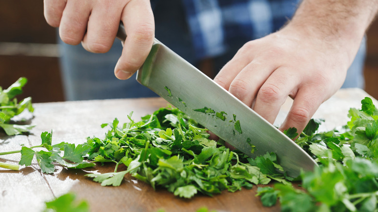 A man chopping parsley
