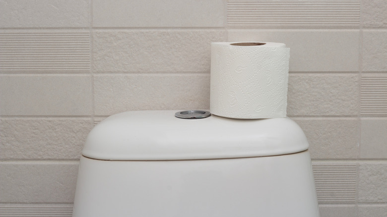 White toilet paper sitting on a white toilet flush tank