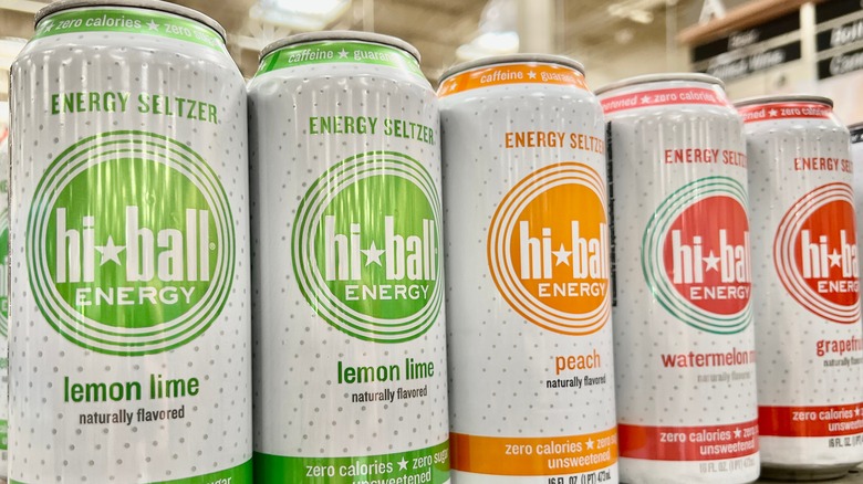 Row of different flavors of Hi-ball energy drink on a shelf
