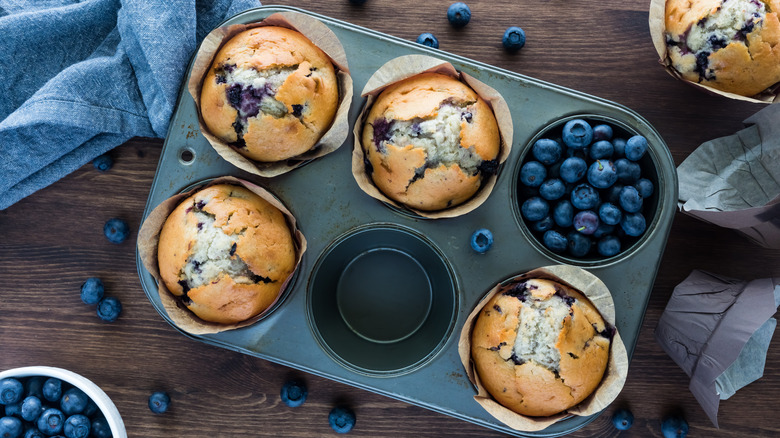 A muffin tin with muffins sits on a table