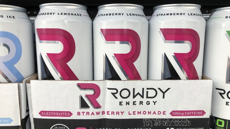 Rowdy energy drinks with a pink label 