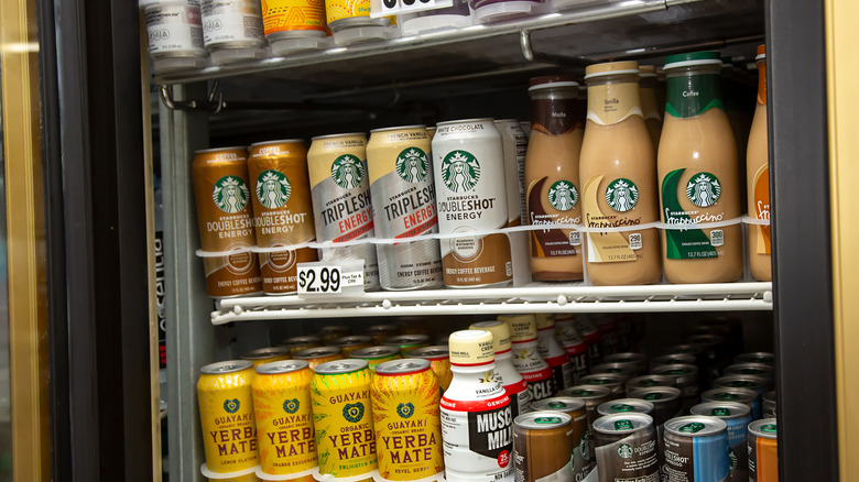 Fridge full of Starbucks energy drinks and other drinks