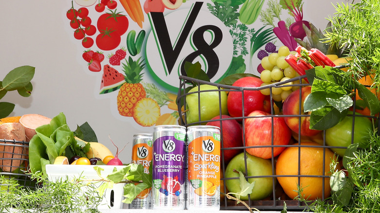 cans of v8 +Energy drink and V8 signage