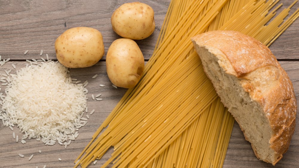 Spaghetti, rice, potatoes, and bread