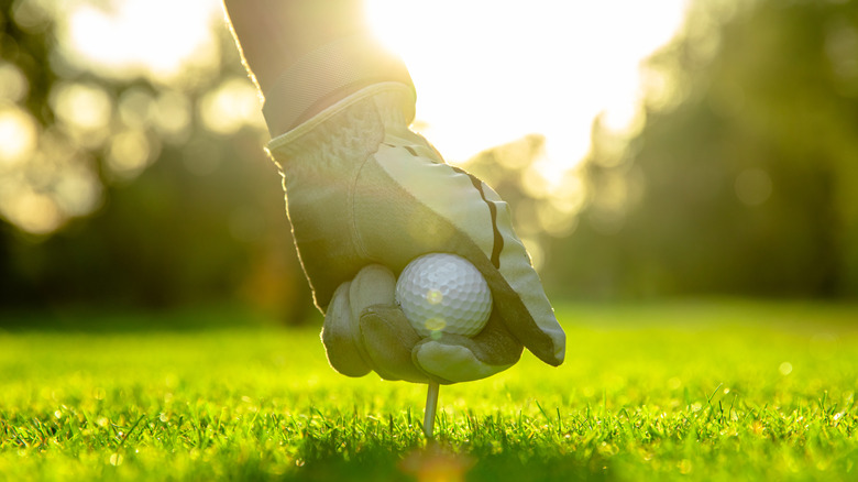 hand of golfer putting ball on tee