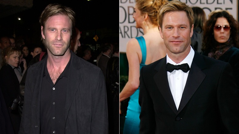 Side-by-side photos showing Aaron Eckhart before and after he quit smoking