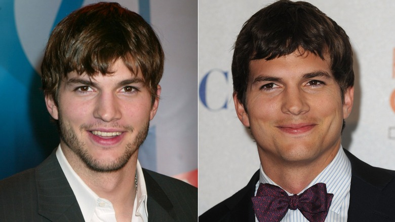 Side-by-side photos showing Ashton Kutcher before and after he quit smoking