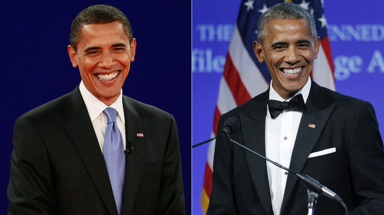Side-by-side photos showing Barack Obama before and after he quit smoking