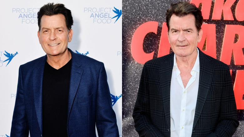 Side-by-side photos showing Charlie Sheen before and after he quit smoking