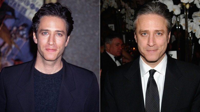 Side-by-side photos showing Jon Stewart before and after he quit smoking