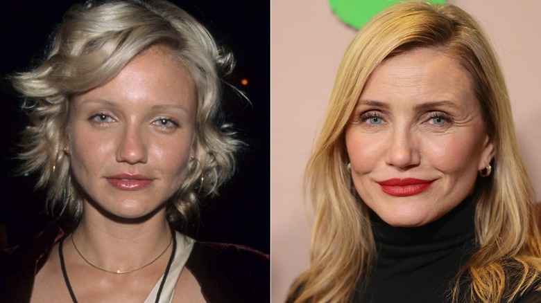 Cameron Diaz when she was younger and smoking versus how she looks later after quitting smoking