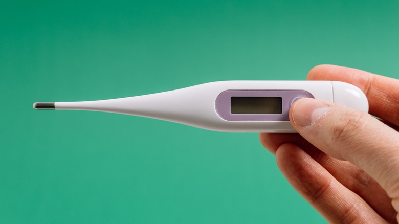 Hand holding digital thermometer with green background