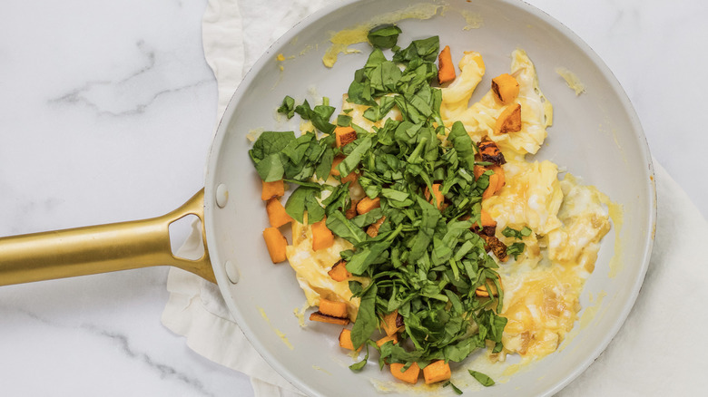 Spinach shallot, and squash with scrambled egg