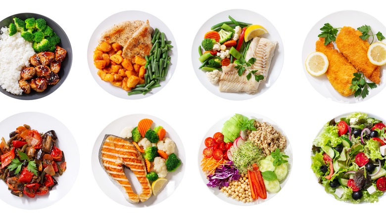 plates of food on weight background
