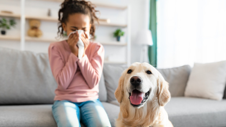 A girl sneezing while sitting next to a dog