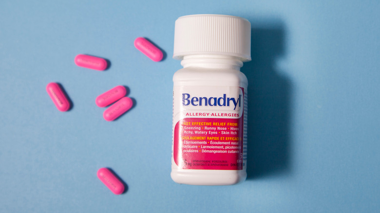 Bottle of Benadryl and pills