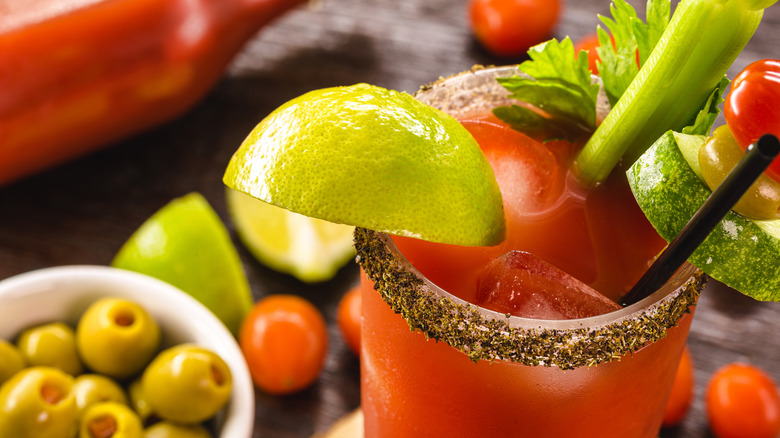 Close up of a bloody mary surrounded by ingredients and garnishes