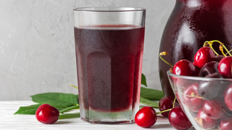 cherry juice and bowl of cherries