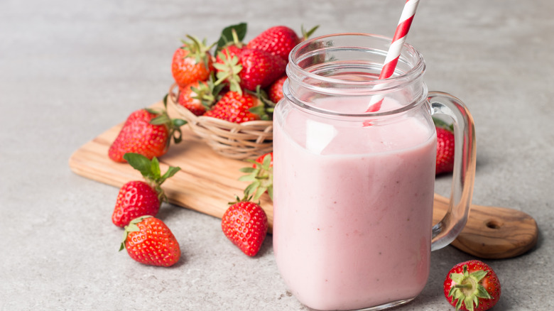 Strawberry smoothie in jar 