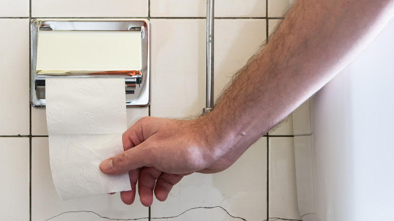Hand reaching for toilet paper