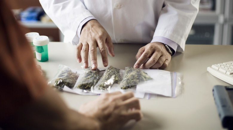 close-up of bags of marijuana at a pharmacy