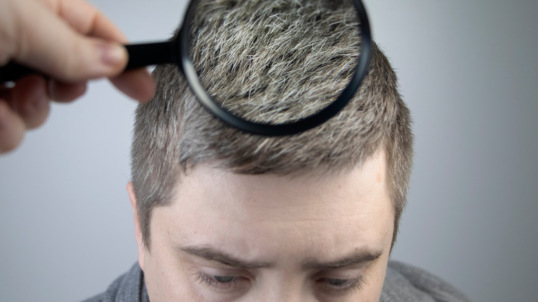 A magnifying glass examining a young man's gray hairs