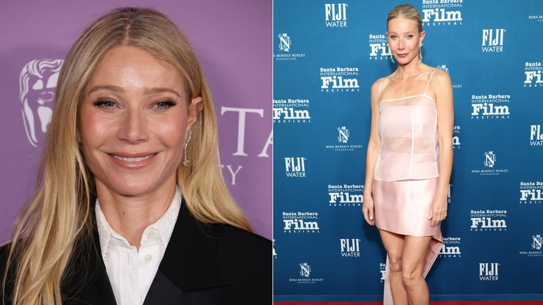 A close-up of Gwyneth Paltrow smiling and a photo of her posing at a red carpet