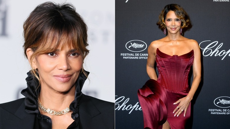 A close-up of Halle Berry smiling and a photo of her posing at a red carpet