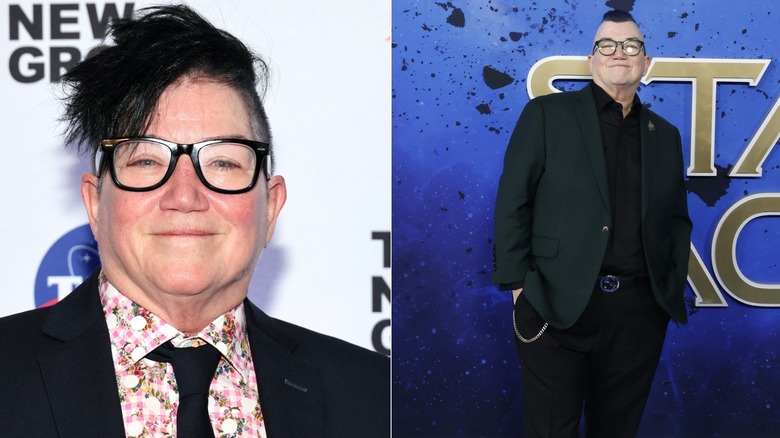 A close-up of Lea DeLaria smiling and a photo of her posing at a red carpet