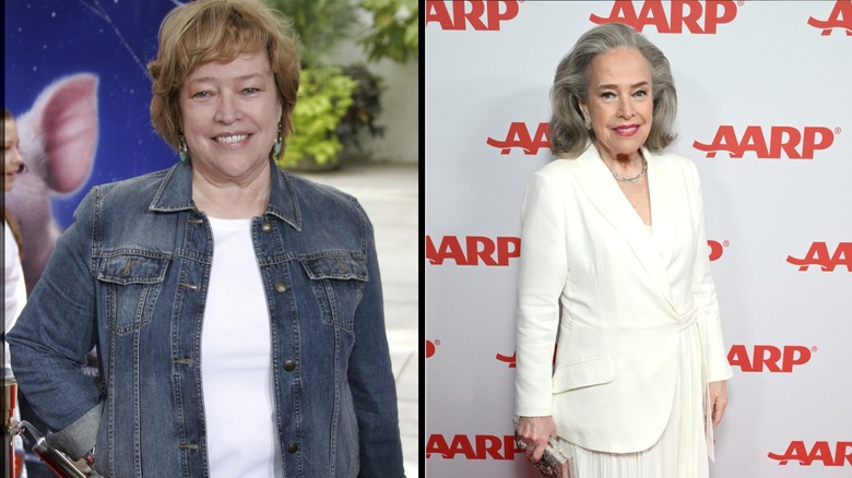 Split image of Kathy Bates in the 2000s before she lost 100 pounds and Kathy Bates after significant weight loss