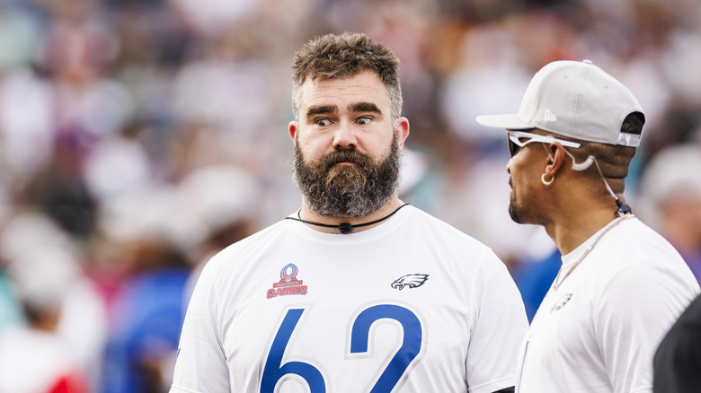 Jason Kelce with his eyes wide looking off to the corner in a soccer unifrom.