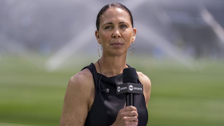 Shannon Boxx talking into a microphone
