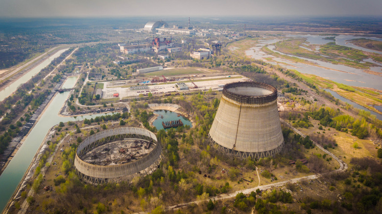 An aerial view of one of Chernobyl's towers