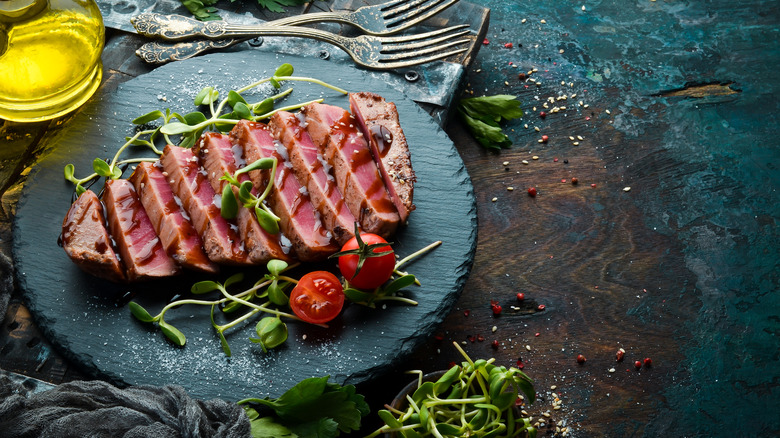 Plated slices of steak