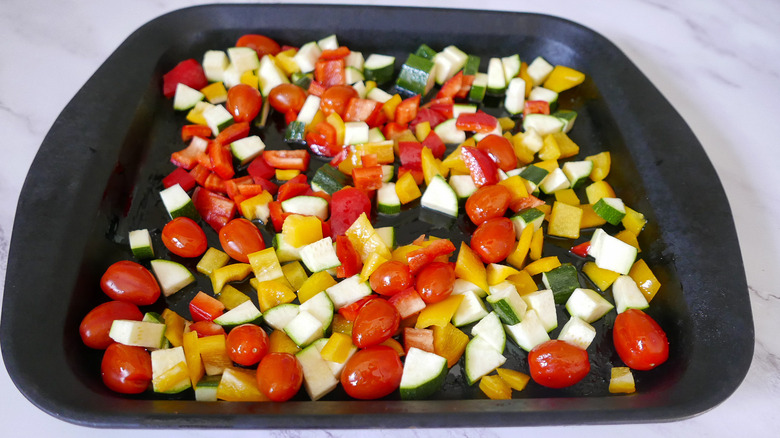 diced veggies on baking sheet 