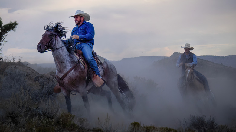 Cowboys on horseback in a foggy field