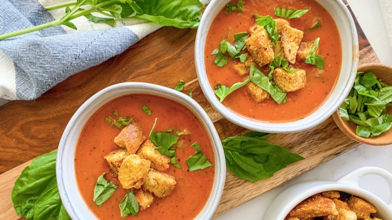 vegan tomato soup with basil and croutons