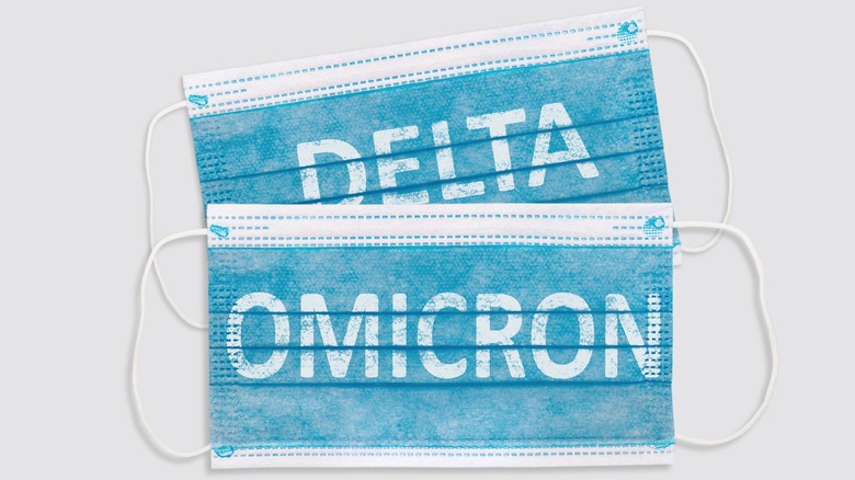 Two blue surgical face masks with one reading "DELTA" and the other reading "OMICRON"