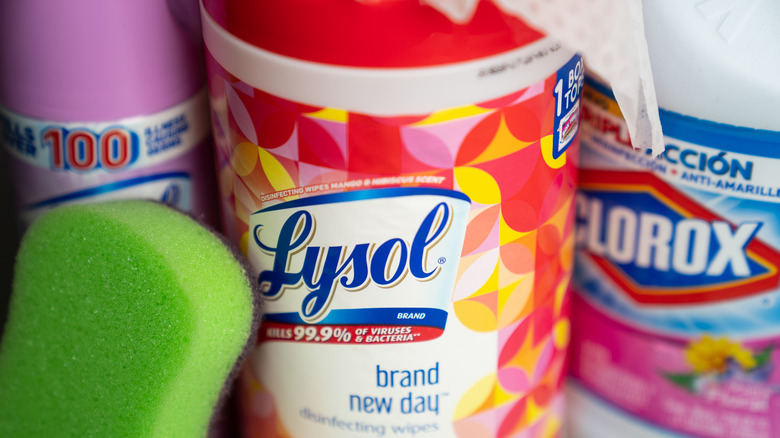 disinfecting products on a shelf