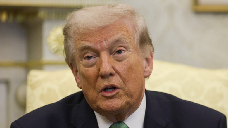 President Donald Trump speaking during a meeting with Taoiseach of Ireland Micheál Martin in the Oval Office of the White House